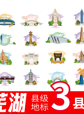 芜湖市无为市南陵县繁昌区地标建筑线稿插画剪影矢量图案设计素材