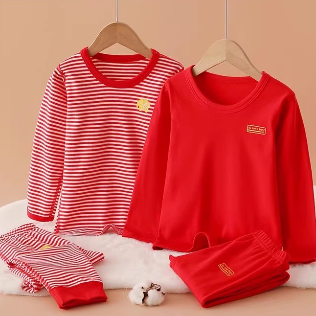 儿童本命年内衣套装马年红色纯棉男女童保暖中小大童秋衣秋裤全棉