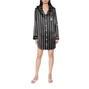 野兽派小奶狗黑条纹真丝衬衫裙秋可外穿睡衣