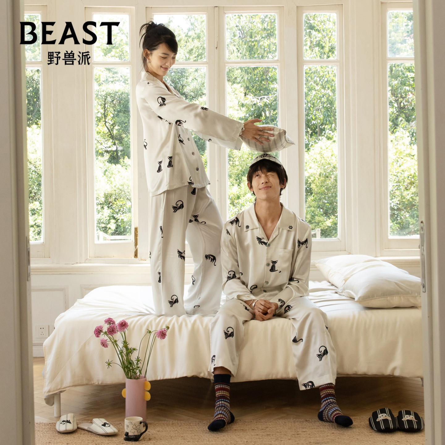 野兽派小黑猫真丝家居服图片