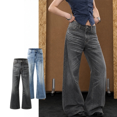 BOJIN两色水洗猫须阔腿美式baggy jeans微喇牛仔裤男女宽松长裤子
