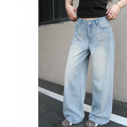BOJIN新款烫钻彩色星星美式baggy jeans牛仔裤男女阔腿直筒拖地裤