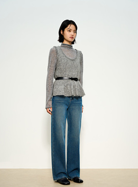 张小某 抓绒蓝色牛仔裤女秋冬2025新款宽松拖地窄版直筒裤子N2233