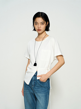 张小某白色短袖T恤女秋冬2025新款不规则设计感系带体恤上衣T1897