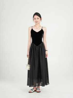 真丝天丝拼接小黑裙真丝绒连衣裙