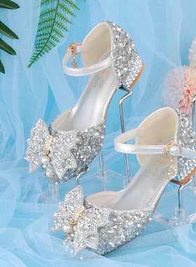 闪亮银色网红水晶白色儿童女鞋公主鞋女童配礼服软皮春夏低跟高跟