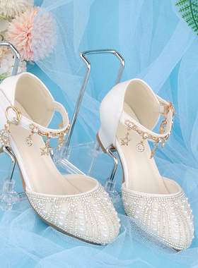 韩系银色儿童高跟鞋白色小皮鞋女童公主鞋胖脚春夏低跟水晶包头