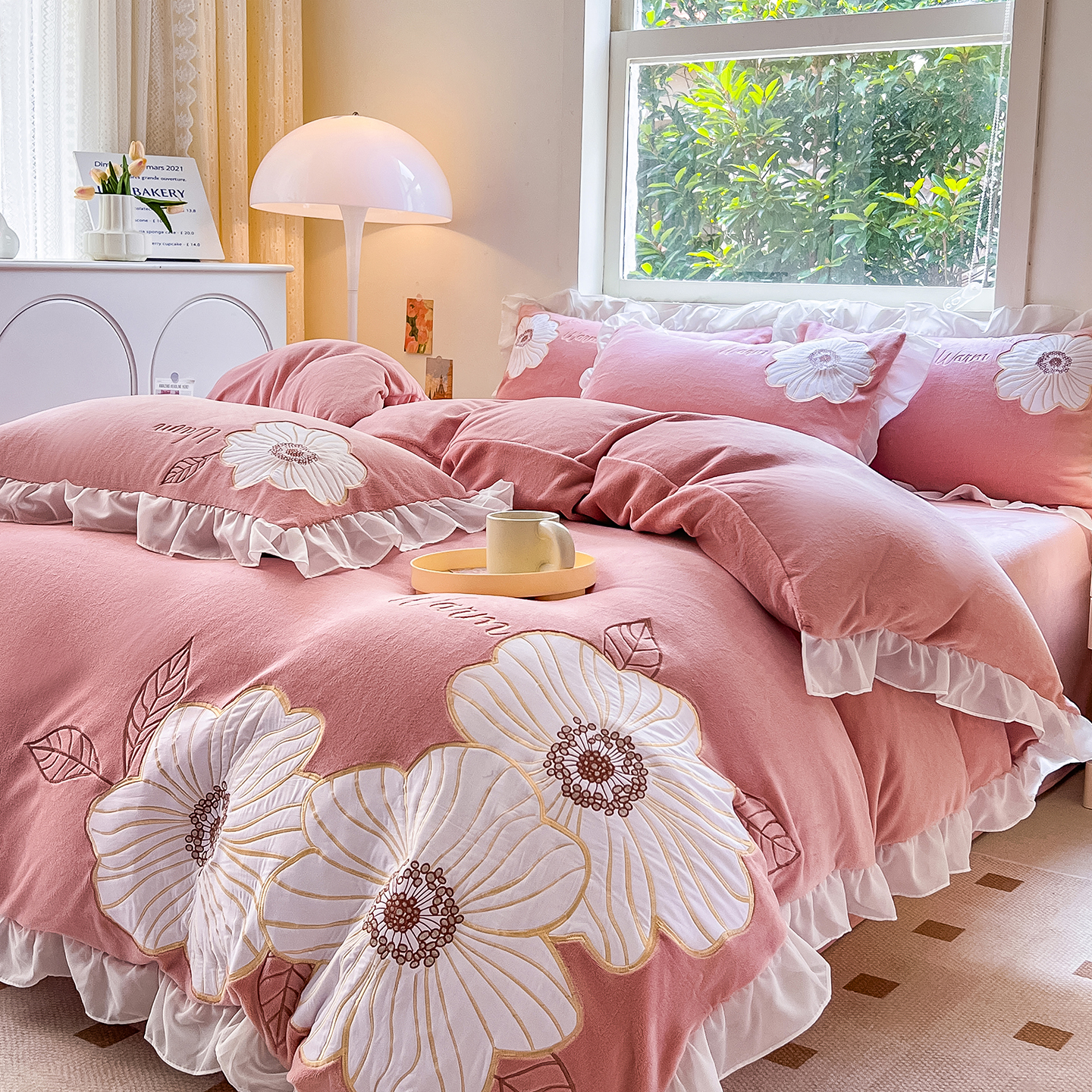 新款高克重保暖牛奶绒贴布重工刺绣四件套被套床笠床单秋冬季床品