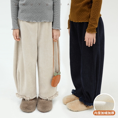 初羽家女童加绒灯芯绒花边灯笼裤