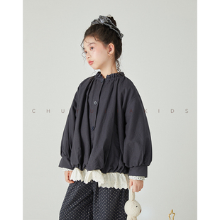 初羽家女童春季2026新款洋气花边儿童上衣休闲拼接小女孩百搭外套