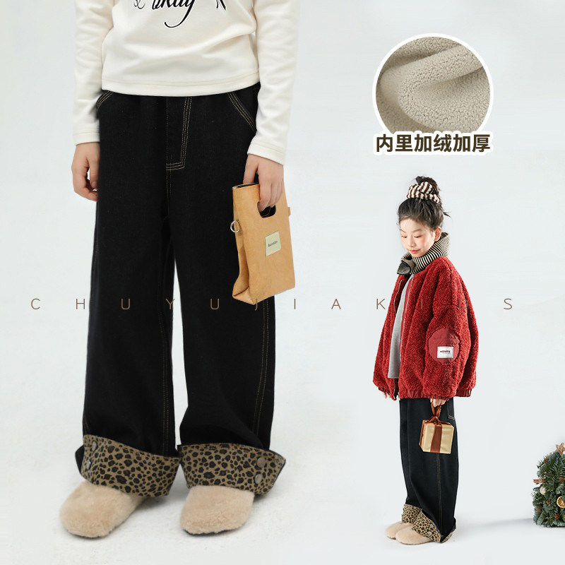 初羽家儿童豹纹拼接牛仔裤男童长裤女童秋冬款加绒加厚翻边休闲裤,童装/婴儿装/亲子装,儿童牛仔裤,淘宝优惠券,粉丝福利购,淘宝优惠卷