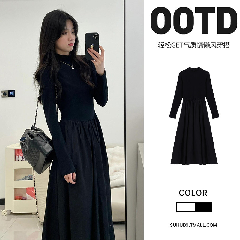 黑色针织连衣裙女装高级感秋春季腰打底赫本风大衣内搭初冬长裙子