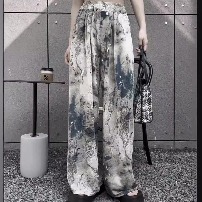 国风印花冰丝裤子女夏季水墨画冰雪丝阔腿裤垂感显瘦直筒拖地长裤 - 实物图