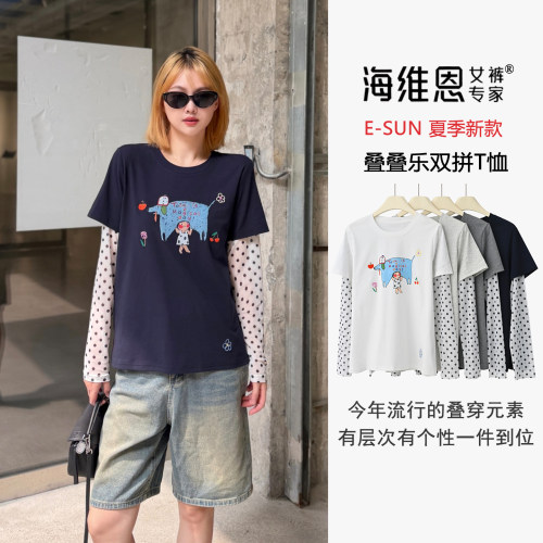 减龄波点拼接袖假两件卡通短袖T