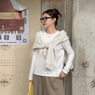 seawhen海维恩春新品纯色简约通勤纯棉舒适卷边长袖T恤打底衫3880