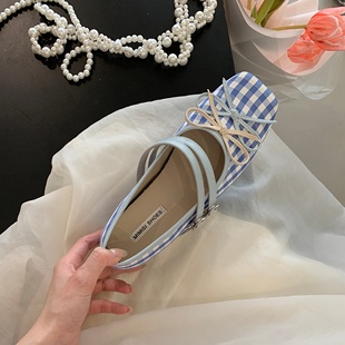 MUMU可爱萝莉风格子蝴蝶结一字带扣玛丽珍鞋女浅口内增高平底单鞋