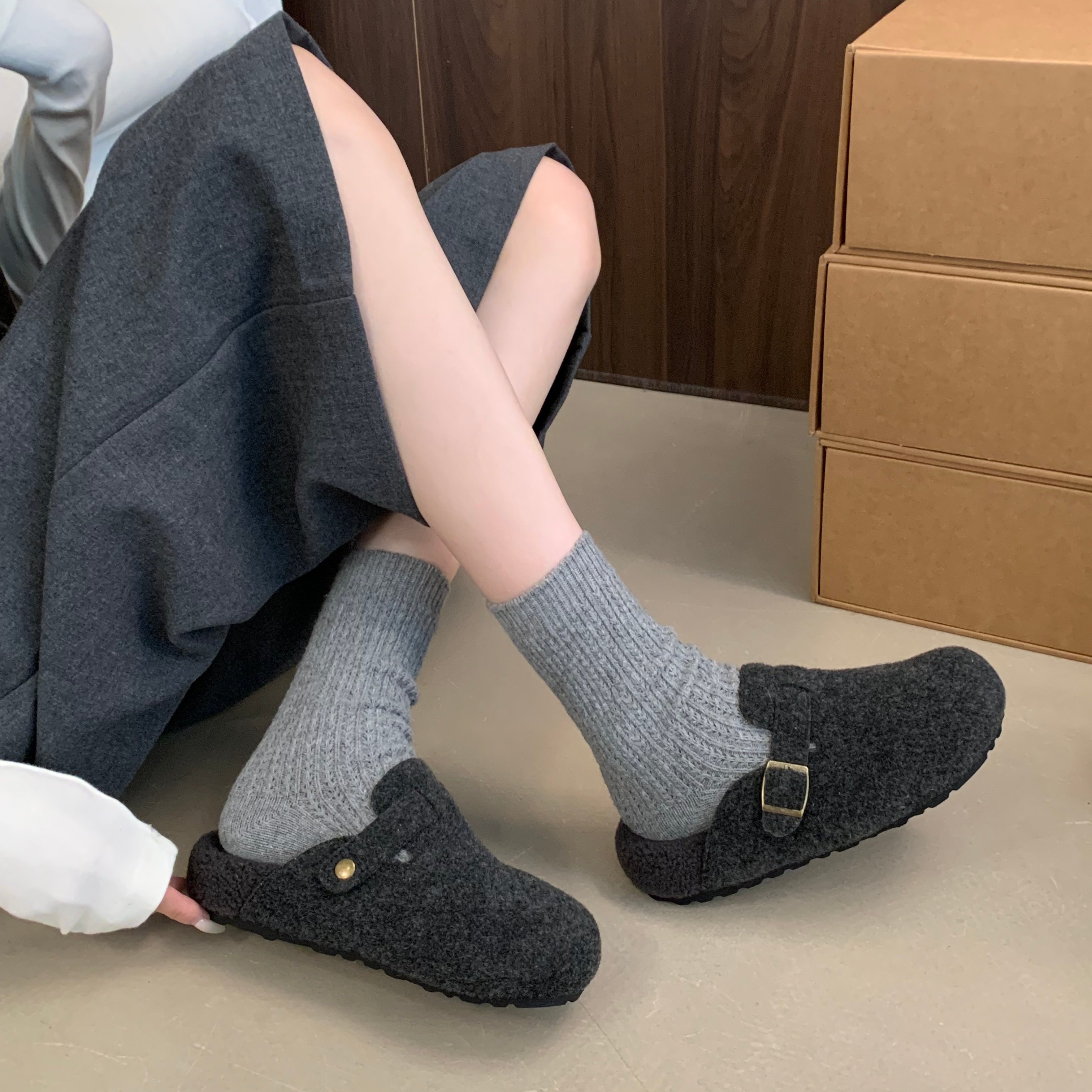 MUMU格雷系毛呢加绒勃肯鞋慵懒百搭皮带扣内增高平底包头半拖鞋女,女鞋,浅口单鞋,淘宝优惠券,粉丝福利购,淘宝优惠卷
