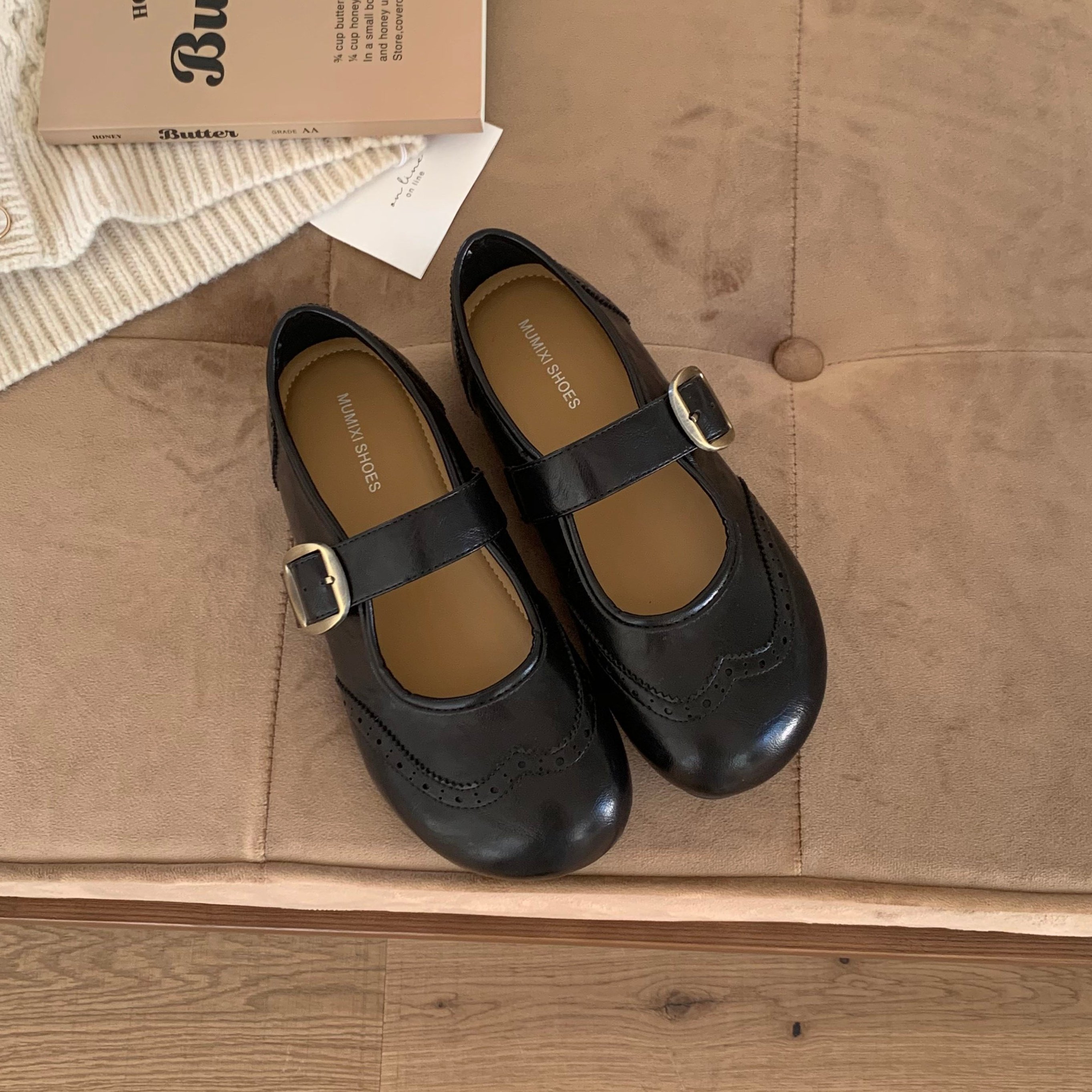 MUMU复古风布洛克玛丽珍鞋女一字扣带平底浅口单鞋圆头百搭,女鞋,浅口单鞋,淘宝优惠券,粉丝福利购,淘宝优惠卷