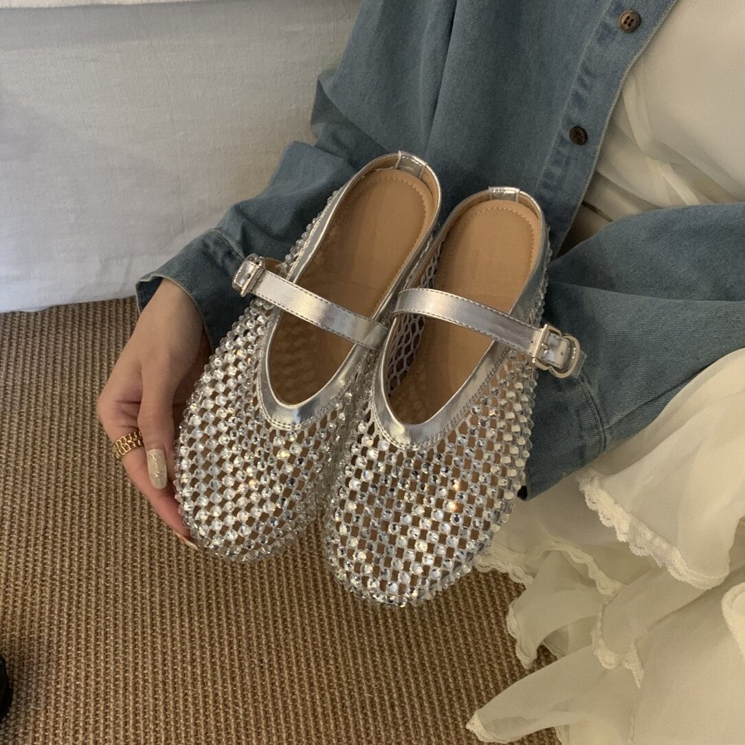 MUMU银色水钻渔网鞋甜酷百搭网面平底一字带扣包头半拖鞋外穿凉鞋