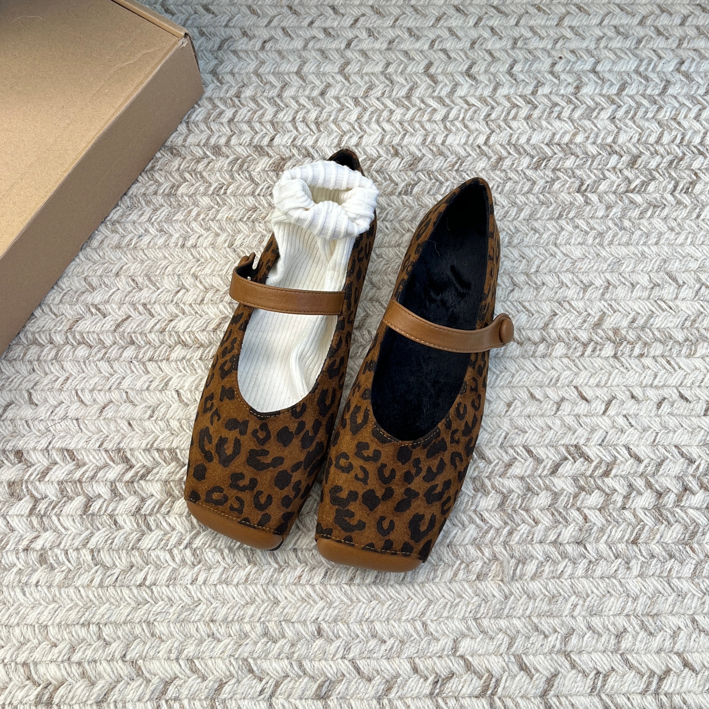 MUMU韩式方头玛丽珍鞋女一字带平跟豹纹百搭气质单鞋