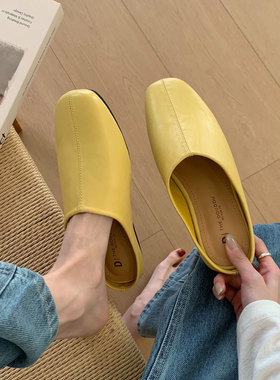 MUMU简约黄色包头半拖鞋女外穿方头一脚蹬懒人穆勒鞋