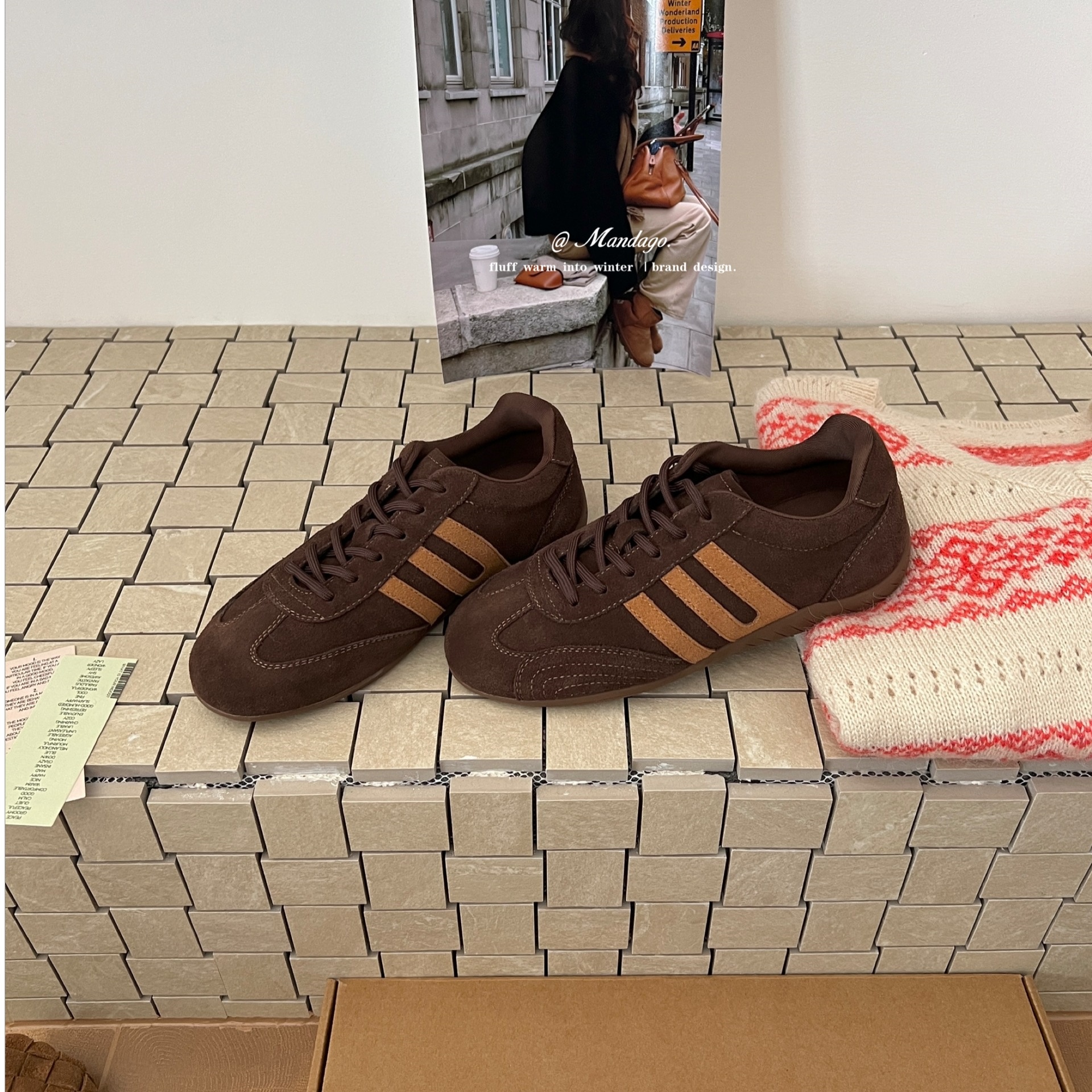 MUMU美式复古反绒皮德训鞋女三条杠系带厚底百搭舒适运动休闲板鞋