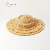 欧美春夏新款 贝壳亮钻草须流苏装 饰圆环顶拉菲草大檐帽遮阳草帽