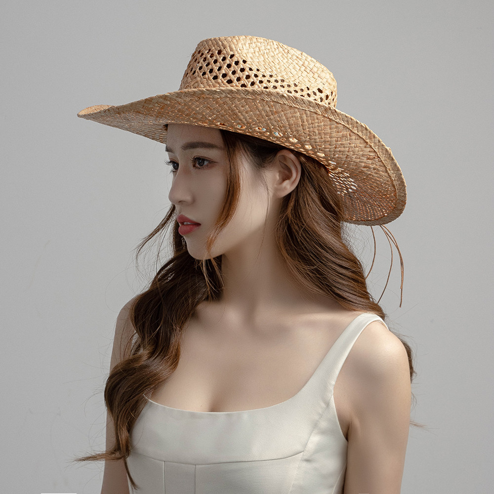欧美风男女时尚休闲手编拉菲草大檐牛仔帽彩珠装饰带户外旅游防晒