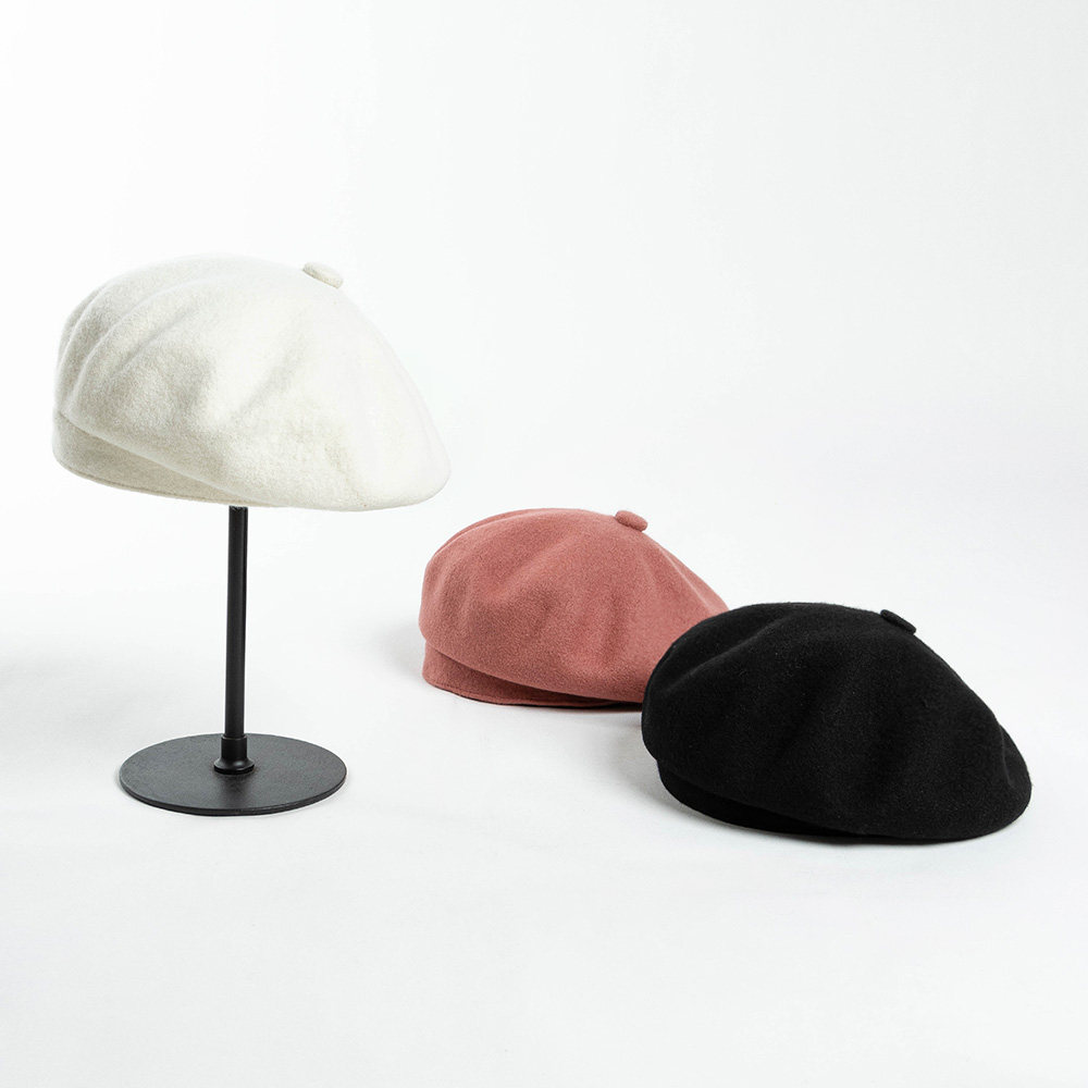 秋冬新款时尚休闲带纽扣深檐羊毛呢贝雷帽画家帽女士保暖蘑菇帽潮