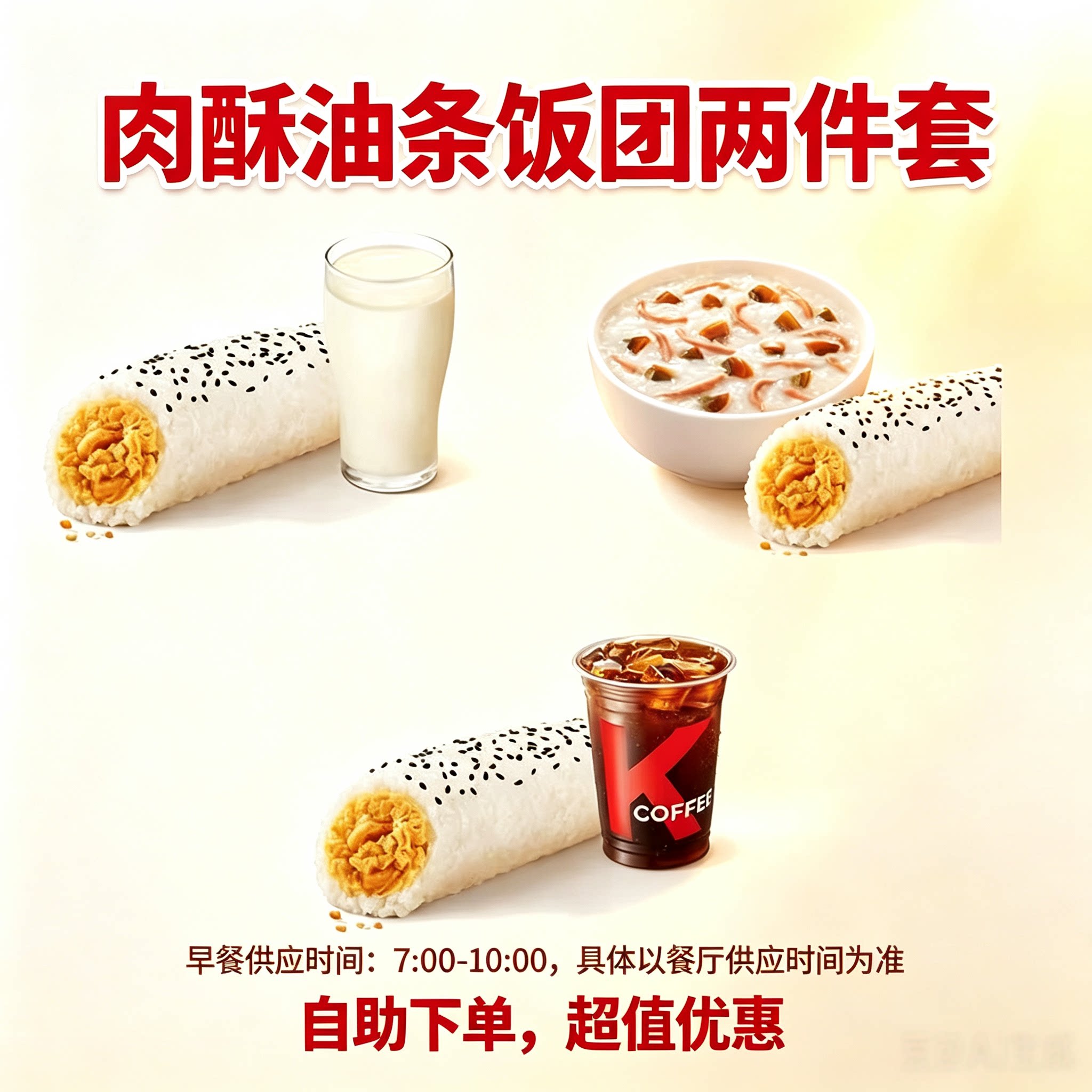 肯德基早餐肉酥油条饭团两件套自助下单兑换券全国通用6:00-10:00