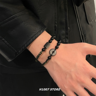 原创国风手作银曜石平安扣男款手链女编织款手绳新中式情侣款手串