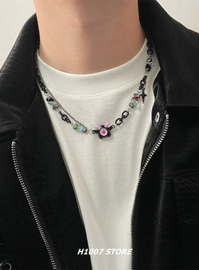 小怪兽碎石黑链条项链男款锁骨链女嘻哈小众设计高级感毛衣卫衣链