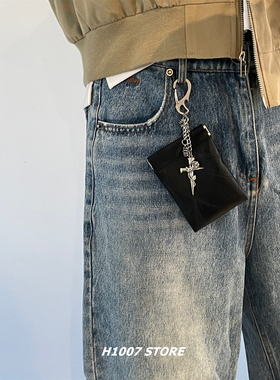 原创款玫瑰十字条纹包男款裤链女小众腰间挂饰嘻哈风包挂零钱卡包