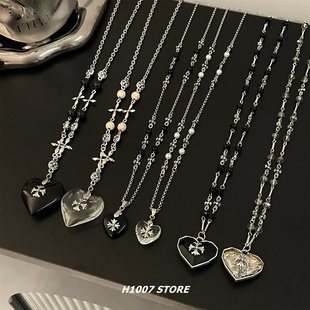 复古做旧爱心十字花长款 项链女小众设计高级感锁骨链男毛衣链新款