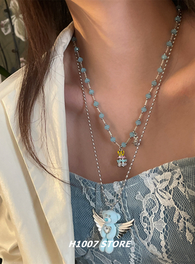 蓝串珠天使小熊甜酷风女项链海边度假风小众感男锁骨链毛衣链新款