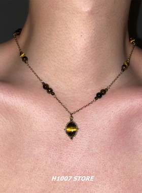 新款虎眼吊坠串珠男款项链女小众设计高级感锁骨链男款毛衣链配饰