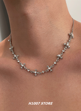 锡纸十字花珍珠拼接款男项链不掉色嘻哈风小众颈链锁骨链女毛衣链