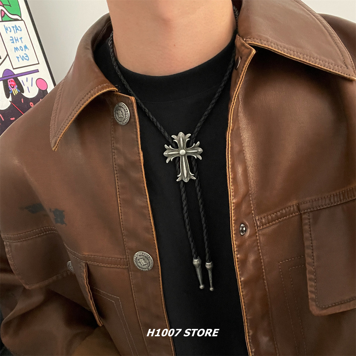 十字花编织抽拉绳项链男款复古做旧毛衣链女生小众度假风 Vintage