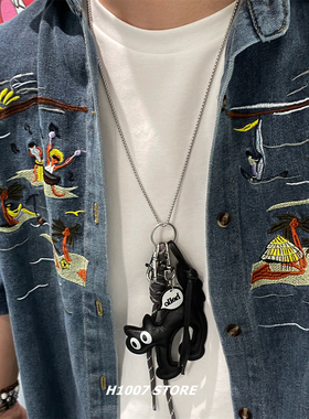 黑色炸毛小猫一款3用可拆卸裤链包链长款项链女款小众感毛衣链男