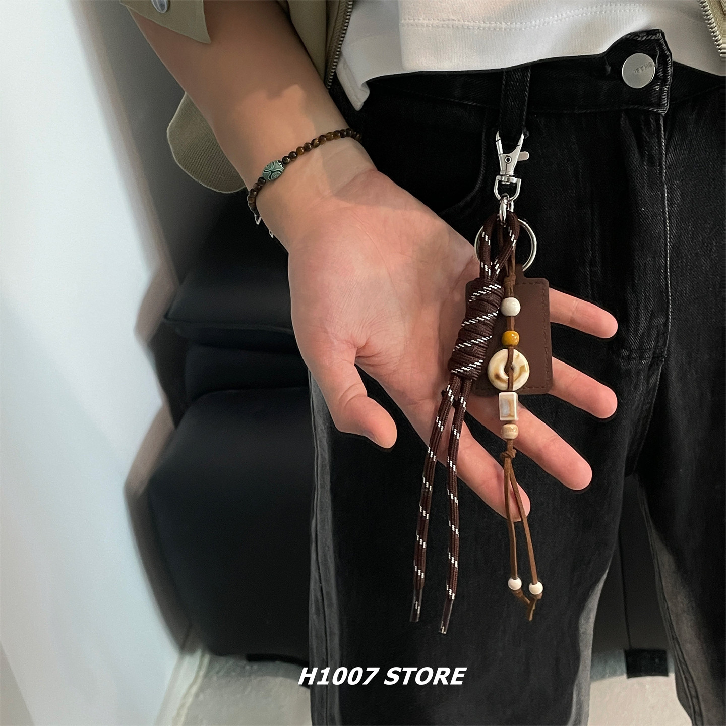 原创款陶瓷平安扣咖色编绳男款裤链女嘻哈钥匙包挂工装裤腰间挂饰