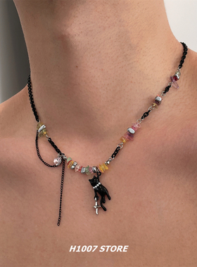 彩色碎石小猫拼接黑色链条男款项链不掉色小众颈链锁骨链女毛衣链