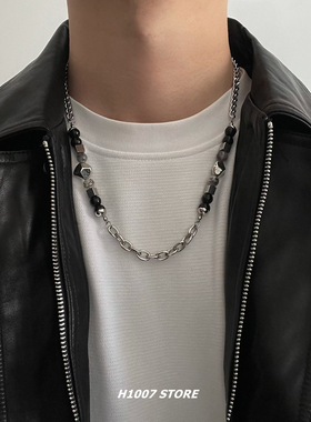 原创设计黑色串珠拼接钛钢链条嘻哈男项链女高级感小众设计锁骨链