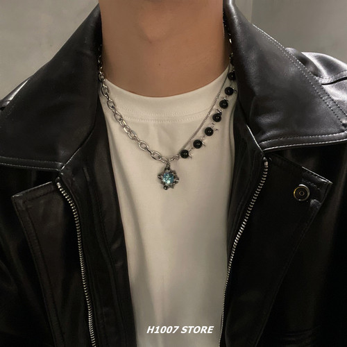 月光石黑色串珠拼接钛钢链条男