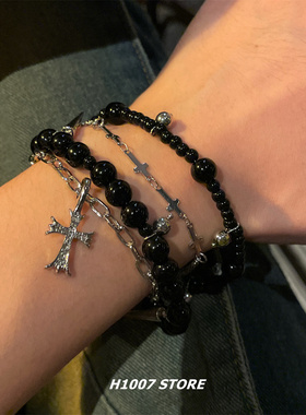 多层串珠十字架男款手链女生嘻哈风小众设计高级感情侣款手腕饰品