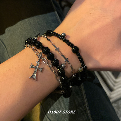 多层串珠十字架男款手链女生嘻哈风小众设计高级感情侣款手腕饰品