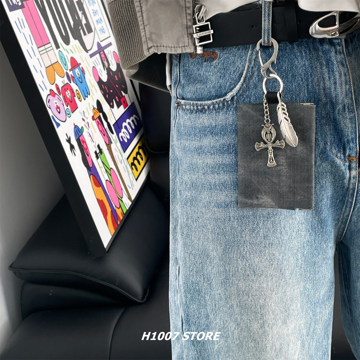 深蓝色牛仔布零钱耳机包挂件男款裤链女设计感钥匙包挂腰间挂饰新