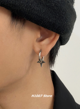 小众设计耳夹款男钛钢无耳洞星星吊坠黑色冷淡耳钉女情侣嘻哈耳环
