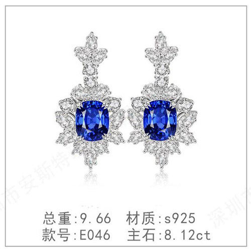 s925银钻石耳坠耳饰奢高级新款培育红宝简洁蓝宝镀钻钻耳环耳吊