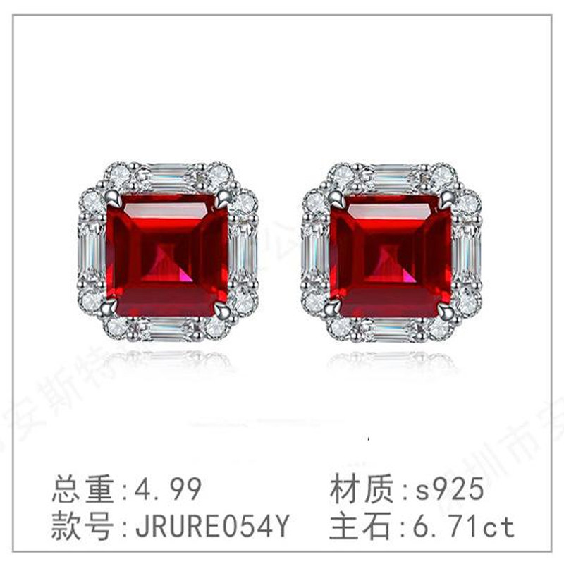 s925银钻石戒指奢高级新款培育红宝简洁蓝宝镀钻钻耳环耳吊
