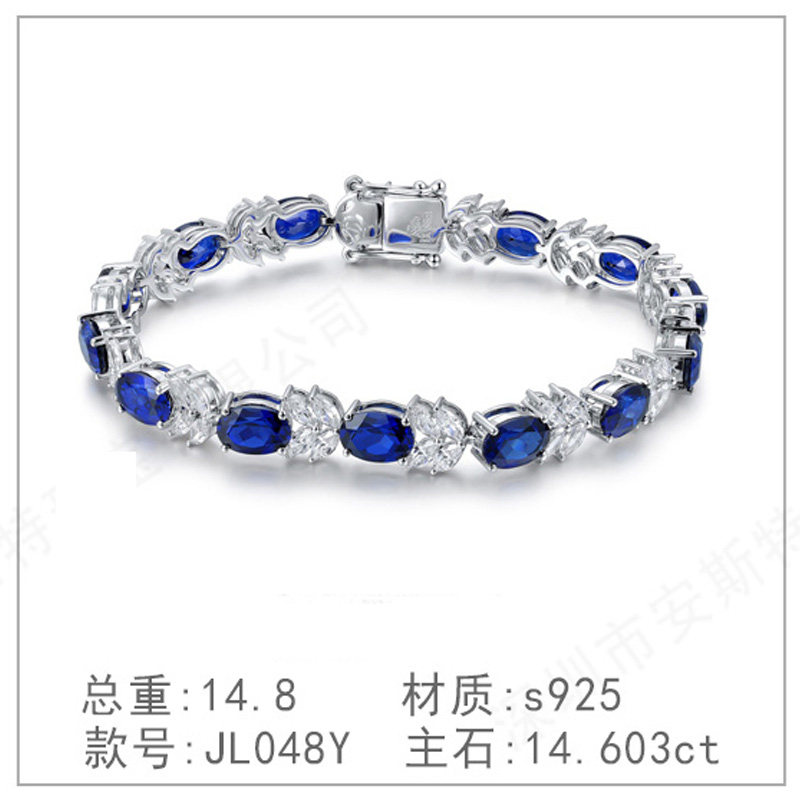 925纯银珠宝培育蓝宝石简洁手链圈高级感锁骨链简约轻奢复古手链
